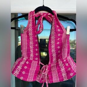 Zara Pink and White Embroidered Crop Top